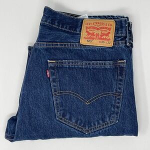 Levis 505 Regular Fit Straight Leg Jeans Mens 36x32 Dark Wash Blue Denim